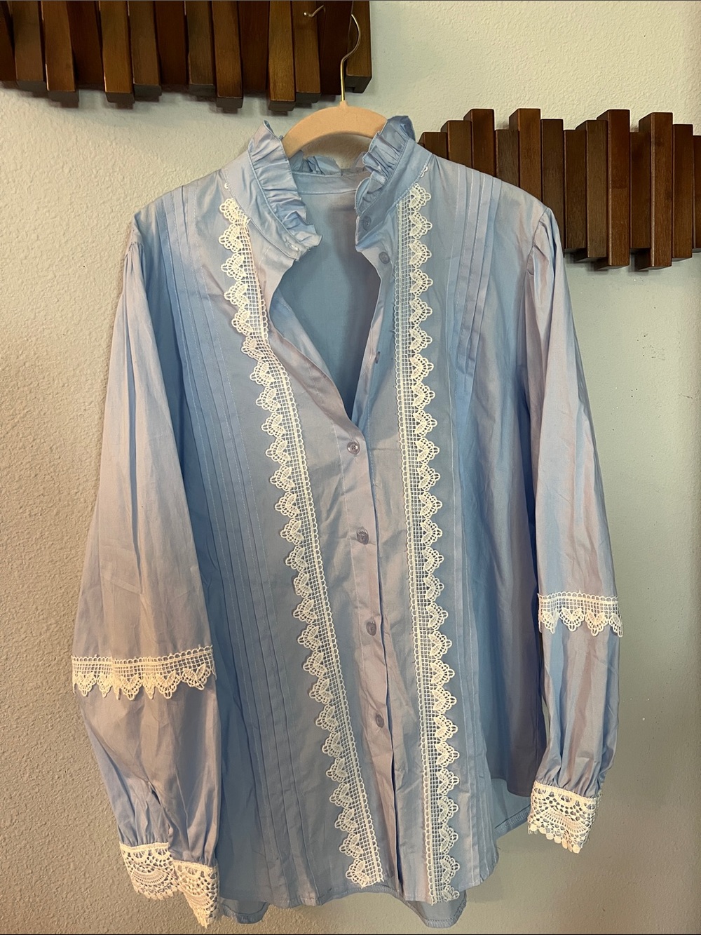 Source Unknown Light Blue Lace-Trim Button Down Blouse